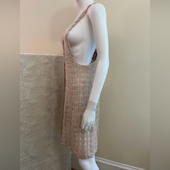 Y2K BOHO 💋 Beige Knit FESTIVAL Sleeveless Midi HIPPIE Vest Top Womens S - Picture 5 of 7